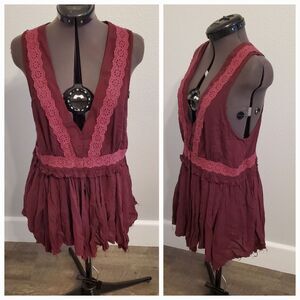Free People Women Blouse Small Burgundy Pink Sleeveless Eyelet Boho Tunic Flowy